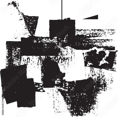 A fragmented black and white abstract geometric shape dominates the .