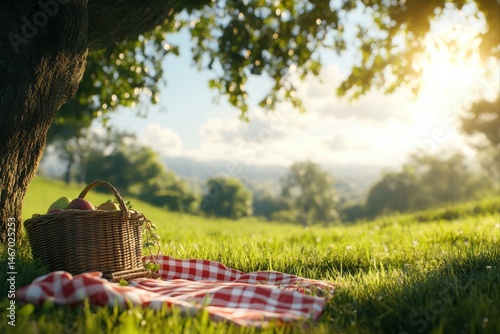 Picnic scene with basket and checkered blanket under a tree in a meadow.