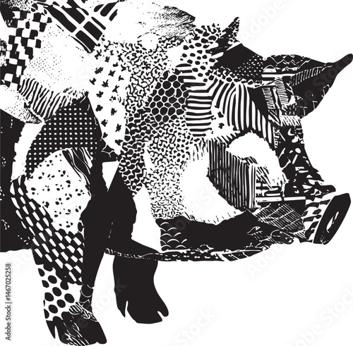 A stylized rhinoceros silhouette is constructed from a diverse array of geometric .