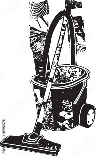 A black and white cleaning mop rests on a bucket filled with soapy water.