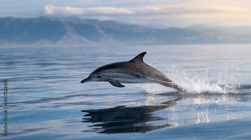 Fototapeta premium A striped dolphin caught in full extension above the calm sea, symbolizing freedom and nature