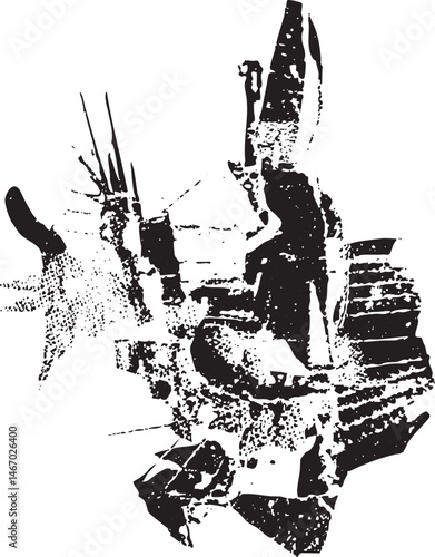 A fragmented textured silhouette of a knight stands amidst scattered pieces.
