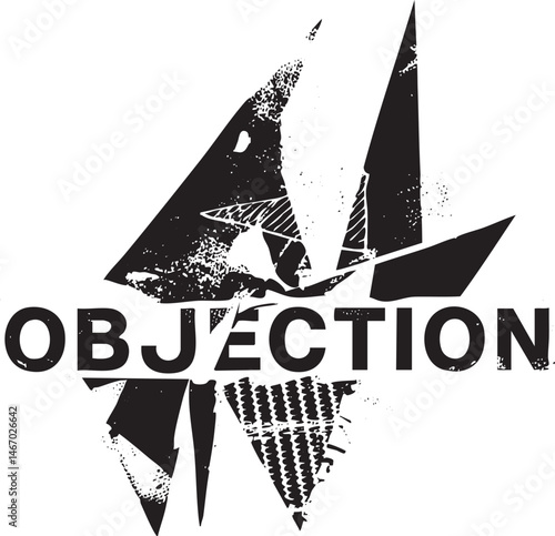 A stylized black and white depicts a sharp angular sailboat confronting a bold reading ‘Objection’.