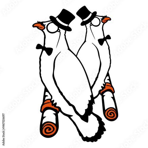 Sir birds team hat monocle glasses 2 rich friends Isolated Vector Graphic Design Illustration
