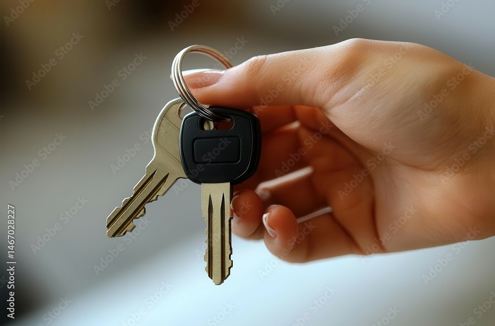 Close-up of a woman's hand holding a car key, on a clean background Close-up of a woman's hand holding a car key, on a clean background