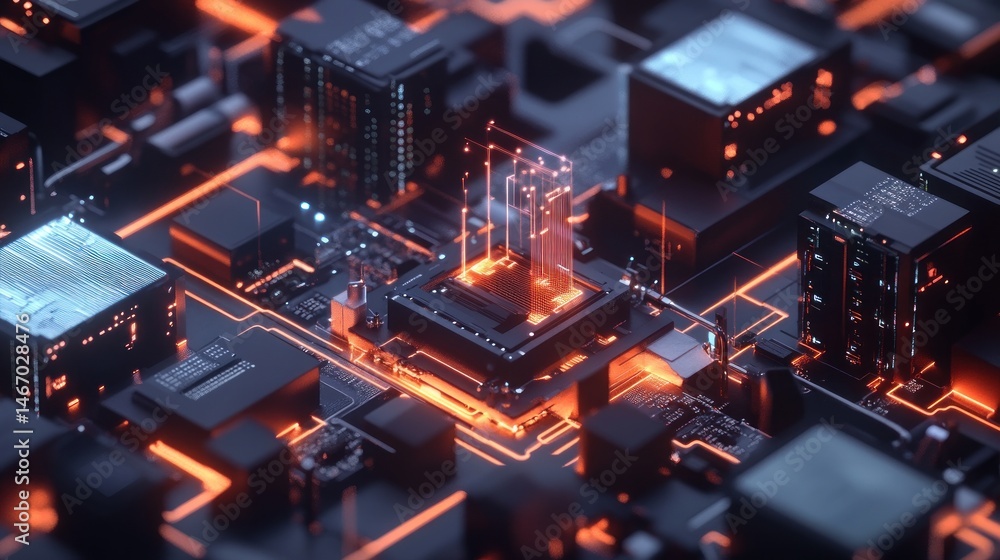 Fototapeta premium Futuristic CPU glowing orange on a circuit board.