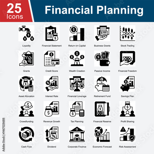 Financial Planning is a collection of icons covering essential aspects of personal and corporate finance, including budgeting, investment strategies, savings, risk management, and long-term wealth.