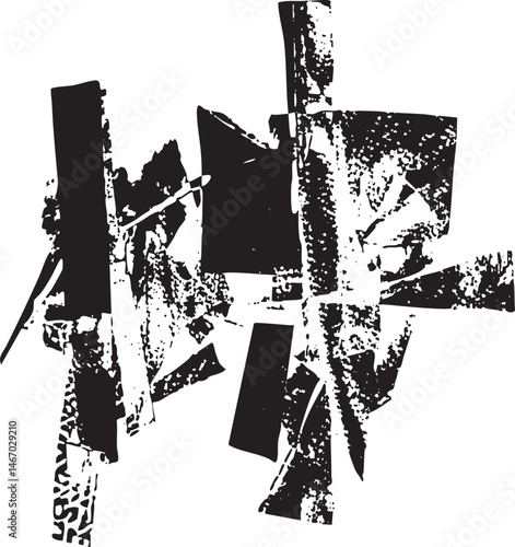 Fragmented geometric shapes overlap and interact in a dynamic composition.