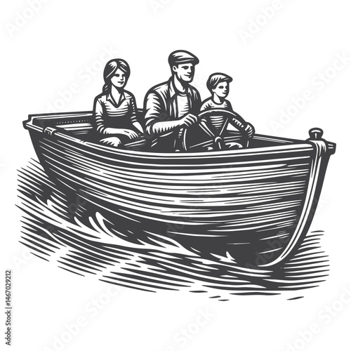 Vintage Hand-Drawn Motorboat with Family Onboard Illustration – Nautical Scene Engraved Style Vector for T-Shirts, Posters, Stickers, and Water Sports Themes Apparel