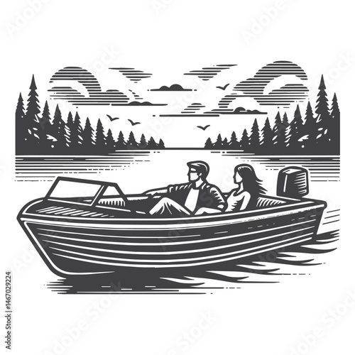 Vintage Hand-Drawn Motorboat with Family Onboard Illustration – Nautical Scene Engraved Style Vector for T-Shirts, Posters, Stickers, and Water Sports Themes Apparel