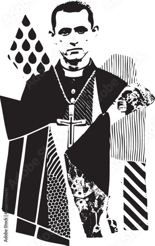 A stern-faced clergyman holds a prominent cross against a stark black background.