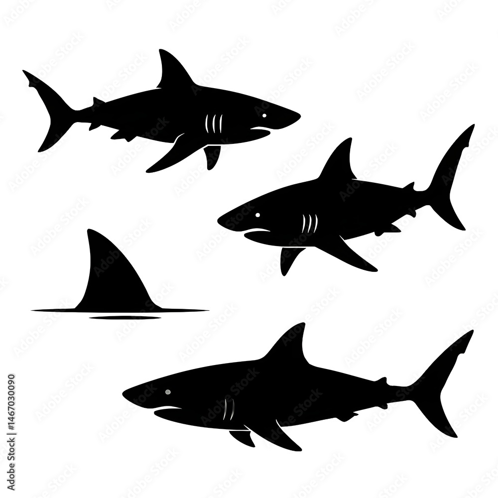 Obraz premium Shark Silhouettes Vector Set – Swimming Sharks, Dorsal Fin, Side Profile in Black on White Background