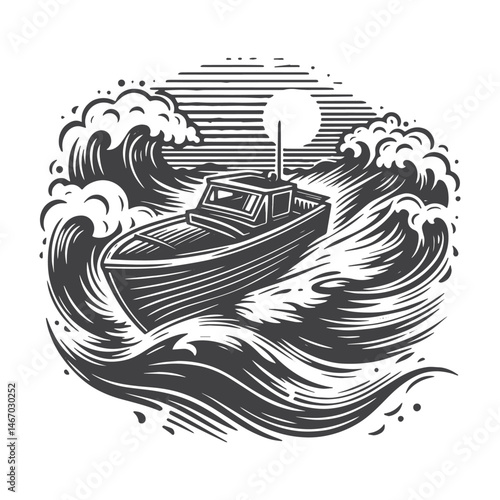 Vintage Hand-Drawn Motorboat with Waves Illustration – Nautical Scene Engraved Style Vector for T-Shirts, Posters, Stickers, and Water Sports Themes Apparel