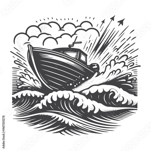 Vintage Hand-Drawn Motorboat with Waves Illustration – Nautical Scene Engraved Style Vector for T-Shirts, Posters, Stickers, and Water Sports Themes Apparel
