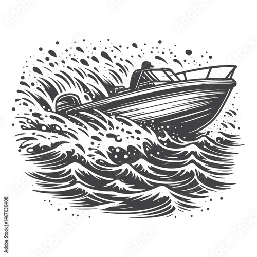 Vintage Hand-Drawn Motorboat with Waves Illustration – Nautical Scene Engraved Style Vector for T-Shirts, Posters, Stickers, and Water Sports Themes Apparel