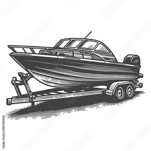 Vintage Hand-Drawn Motorboat on Boat Trailer Illustration – Nautical Scene Engraved Style Vector for T-Shirts, Posters, Stickers, and Water Sports Themes Apparel