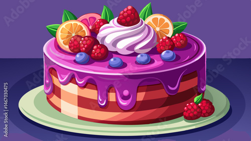 A purple cake with raspberries and whipped cream drizzled on top