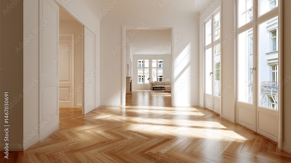 Obraz premium Hallway with natural wood herringbone parquet flooring, minimalistic interior with sunlight streaming through large window and hardwood flooring in living room