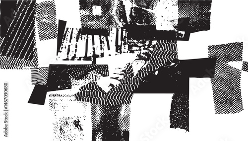 A fragmented textured black and white presents a distorted figure within a chaotic composition.