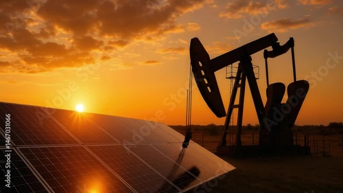 Sunset over solar panels and oil pump in a desert landscape showcasing renewable energy and fossil fuel contrast