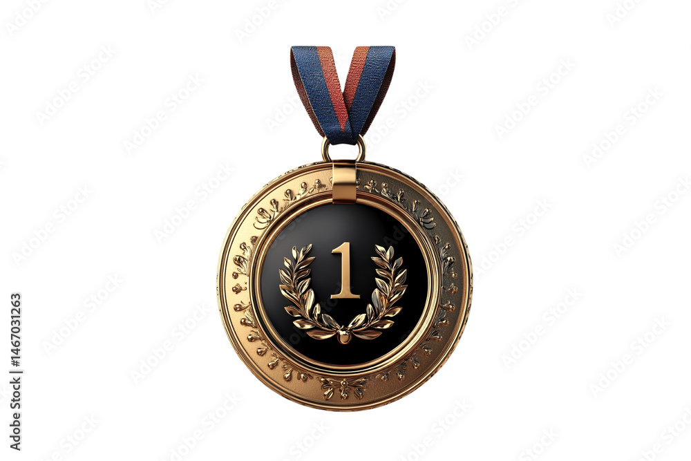 A first-place gold medal featuring a black center, laurel wreath, and blue-red ribbon loop, isolated on a transparent background A first-place gold medal featuring a black center, laurel wreath, and blue-red ribbon loop, isolated on a transparent background