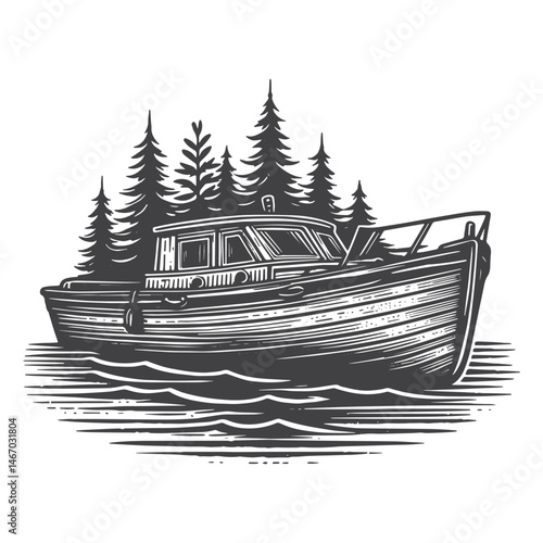 Vintage Hand-Drawn Motorboat on River Illustration – Nautical Scene Engraved Style Vector for T-Shirts, Posters, Stickers, and Water Sports Themes Apparel