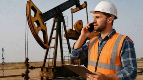 Construction Worker in Safety Gear Using Phone at Oil Rig Site with Pumpjack in Background