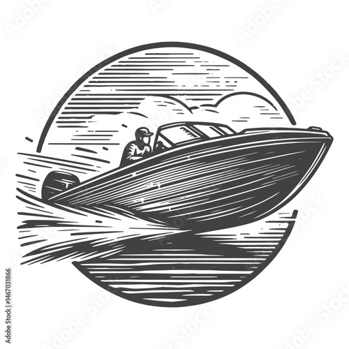 Vintage Hand-Drawn Motorboat Speeding Illustration – Nautical Scene Engraved Style Vector for T-Shirts, Posters, Stickers, and Water Sports Themes Apparel