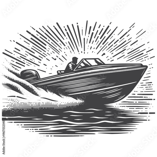 Vintage Hand-Drawn Motorboat Speeding Illustration – Nautical Scene Engraved Style Vector for T-Shirts, Posters, Stickers, and Water Sports Themes Apparel