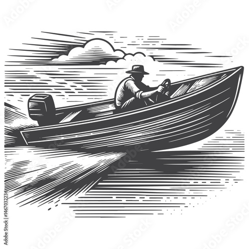 Vintage Hand-Drawn Motorboat Speeding Illustration – Nautical Scene Engraved Style Vector for T-Shirts, Posters, Stickers, and Water Sports Themes Apparel