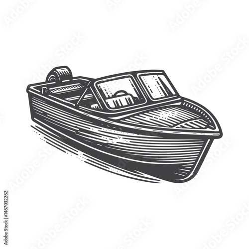 Vintage Hand-Drawn Motorboat Idling Illustration – Nautical Scene Engraved Style Vector for T-Shirts, Posters, Stickers, and Water Sports Themes Apparel