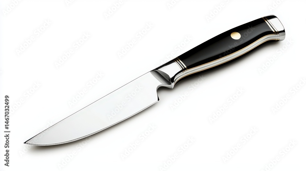 A , stainless steel knife with a black handle, silver bolster, and a brass rivet resting on a clean white background for a product photography shot. A , stainless steel knife with a black handle, silver bolster, and a brass rivet resting on a clean white background for a product photography shot.