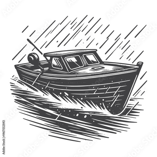 Vintage Hand-Drawn Motorboat in Rain Illustration – Nautical Scene Engraved Style Vector for T-Shirts, Posters, Stickers, and Water Sports Themes Apparel