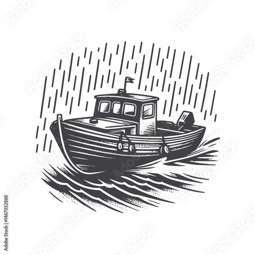Vintage Hand-Drawn Motorboat in Rain Illustration – Nautical Scene Engraved Style Vector for T-Shirts, Posters, Stickers, and Water Sports Themes Apparel