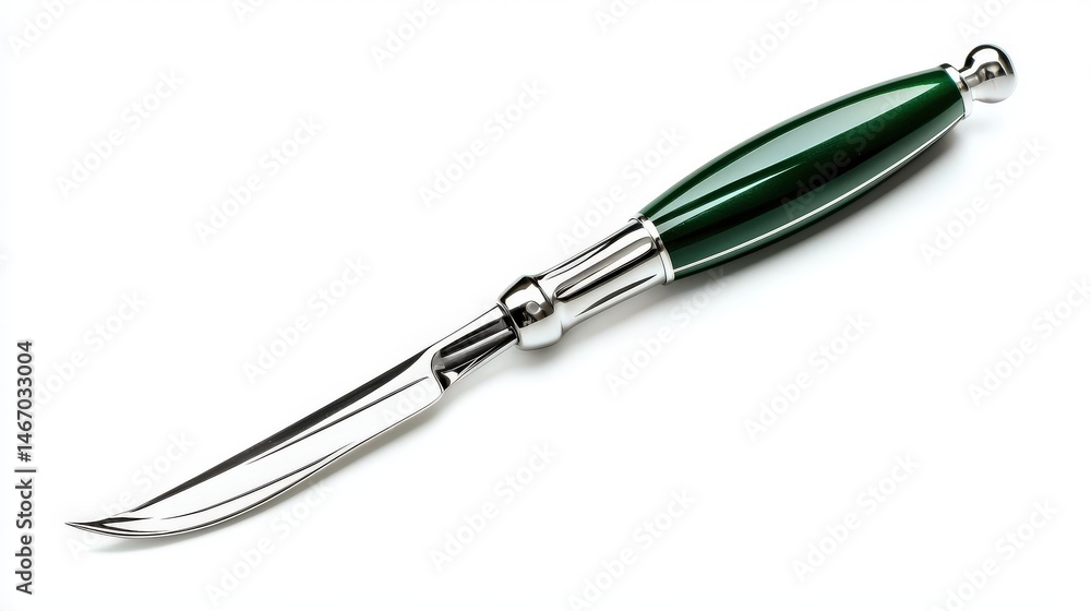 Obraz premium A letter opener with a sleek silver blade and a polished dark green handle rests gracefully on a crisp white background, showcasing elegance and functionality.