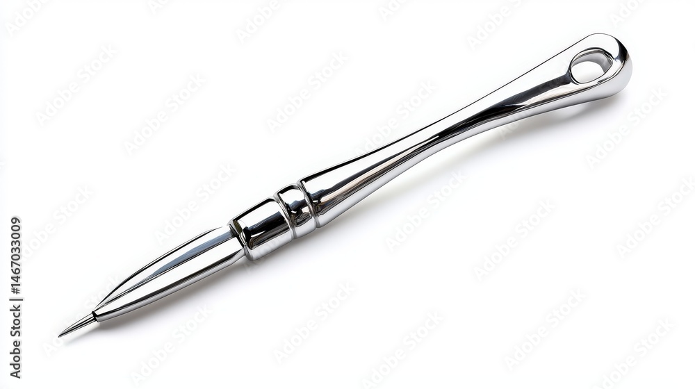 A shiny silver metal awl, with a pointed tip and a teardrop shaped handle, rests diagonally on a white surface casting a soft shadow demonstrating simplicity. A shiny silver metal awl, with a pointed tip and a teardrop shaped handle, rests diagonally on a white surface casting a soft shadow demonstrating simplicity.