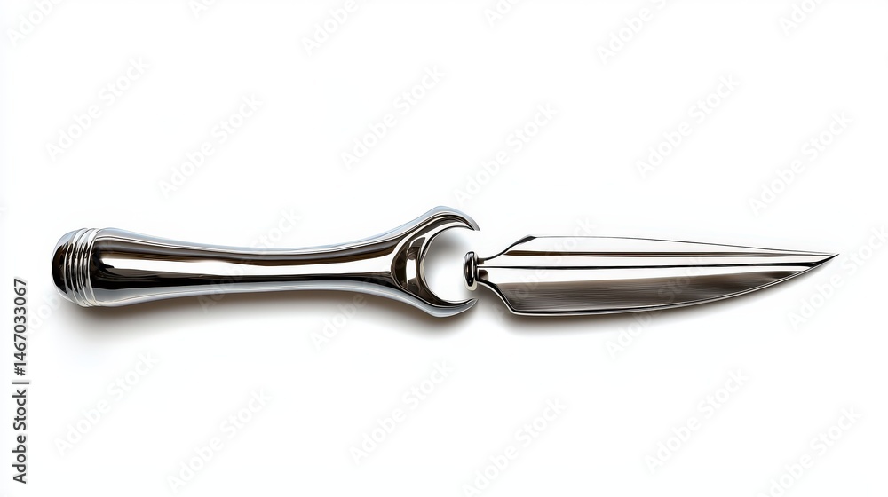 An ornate and reflective silver dagger with an unusually shaped handle sits horizontally on a stark white surface, highlighting its unique design and point. An ornate and reflective silver dagger with an unusually shaped handle sits horizontally on a stark white surface, highlighting its unique design and point.