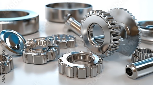 Precision-engineered metal gears and components are scattered across a white surface, showcasing their shiny, intricate designs in a manufactu setting today.