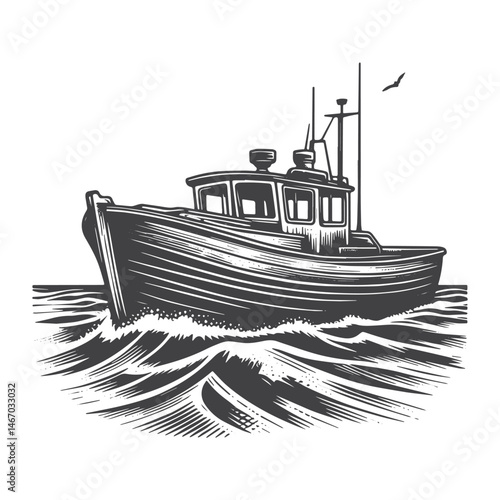 Vintage Hand-Drawn Motorboat on Ocean Illustration – Nautical Scene Engraved Style Vector for T-Shirts, Posters, Stickers, and Water Sports Themes Apparel
