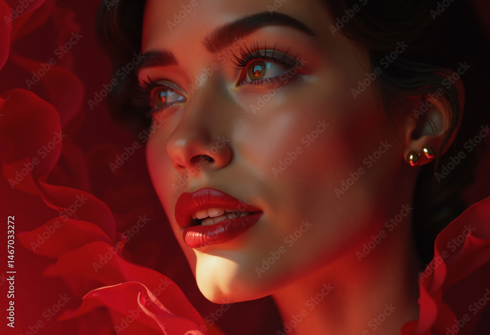 Close-Up Portrait of Elegant Woman in Red with Dramatic Lighting Close-Up Portrait of Elegant Woman in Red with Dramatic Lighting