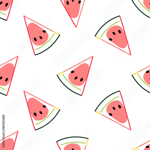 Seamless pattern with hand drawn watermelon slices. Flat vector illustration isolated on white background. Summer fruit pattern