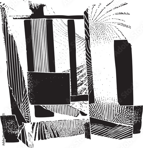 A stark black and white depicts layered geometric shapes arranged vertically.