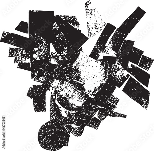 Fragmented black and white geometric shapes collide in a dynamic composition.
