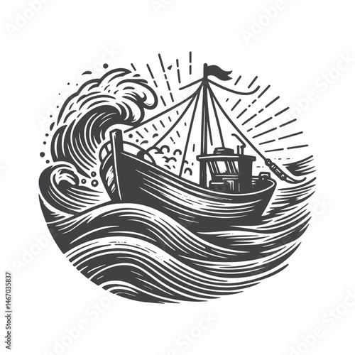 Vintage Hand-Drawn Fishing Boat with Waves Crashing Illustration – Coastal Scene Engraved Style Vector for T-Shirts, Posters, Stickers, and Nautical Themes Apparel