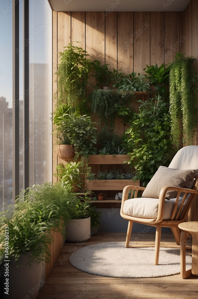 Obraz premium Modern home with indoor vertical garden on the wall, warm light