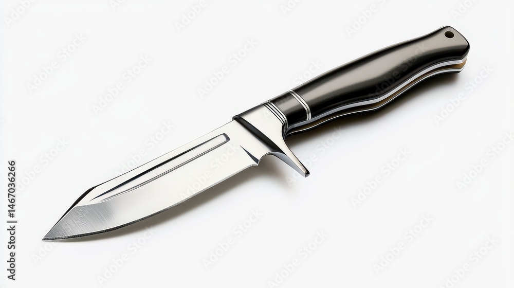 Fototapeta premium A gleaming hunting knife with a , reflective blade and dark handle rests diagonally on a clean white surface, showcasing its sleek design and craftsmanship.