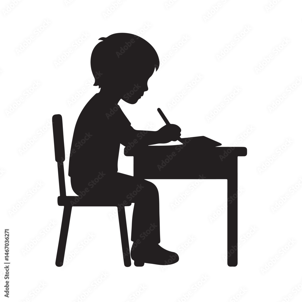 Child Writing at Desk Silhouette, Smooth Classroom Student Icon Vector Child Writing at Desk Silhouette, Smooth Classroom Student Icon Vector