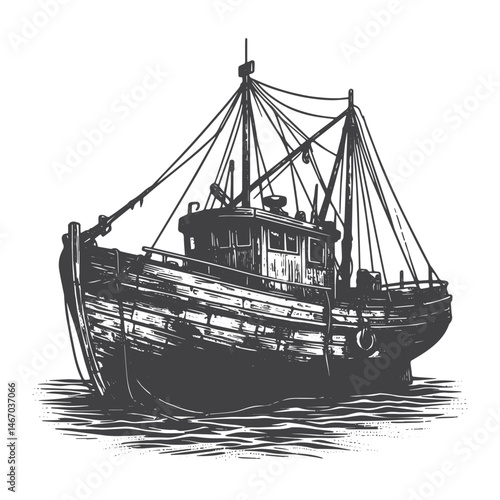 Vintage Hand-Drawn Old and Rusty Fishing Boat Illustration – Coastal Scene Engraved Style Vector for T-Shirts, Posters, Stickers, and Nautical Themes Apparel
