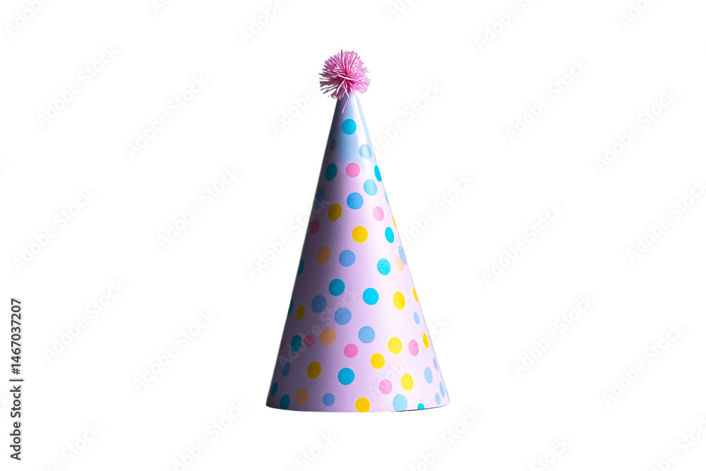 Pastel cone hat with multicolored dots and a pink pom-pom on the top, isolated on a transparent background Pastel cone hat with multicolored dots and a pink pom-pom on the top, isolated on a transparent background