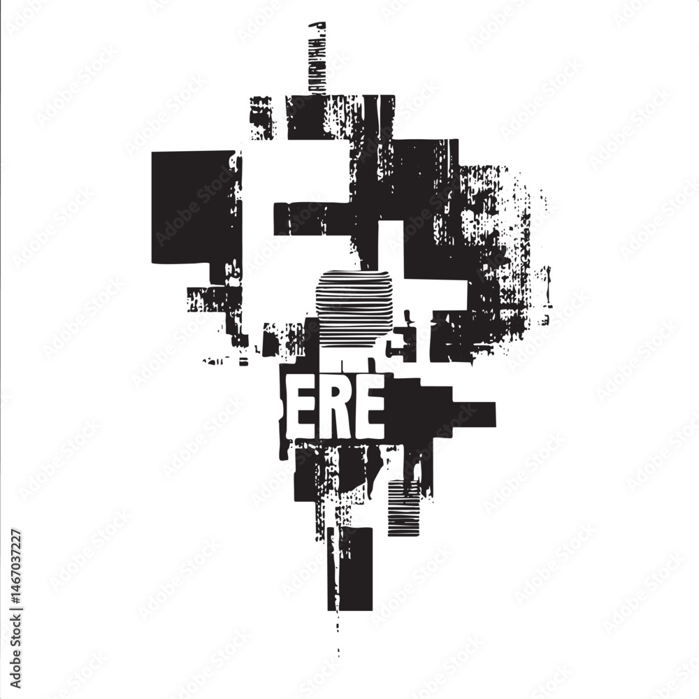 A fragmented abstract composition features a central microphone surrounded by angular black shapes and the word 'ERE'. A fragmented abstract composition features a central microphone surrounded by angular black shapes and the word 'ERE'.